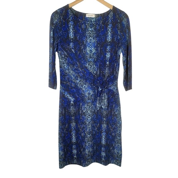 Calvin Klein Blue Snake Print Front Tie 3/4 Sleeve Jersey Sheath Dress Size 6 - Picture 1 of 8